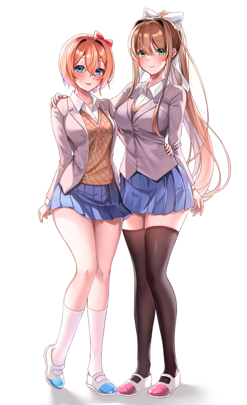 2girls absurdres blazer blue_eyes blue_skirt blush bow breasts brown_hair brown_thighhighs brown_vest buttons closed_mouth collared_jacket collared_shirt commission doki_doki_literature_club english_commentary full_body green_eyes grey_jacket hair_between_eyes hair_bow hand_around_waist hand_on_another's_shoulder hand_up highres jacket large_breasts lips long_hair long_sleeves looking_at_viewer machulanko miniskirt monika_(doki_doki_literature_club) multiple_girls open_clothes open_jacket orange_hair pleated_skirt ponytail red_bow sayori_(doki_doki_literature_club) school_uniform shadow shirt shoes short_hair sidelocks simple_background skirt smile socks teeth thighhighs vest white_background white_bow white_footwear white_shirt white_socks