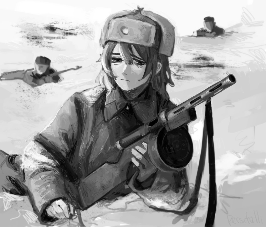 1girl 2others collar_tabs depressed emblem frown fur_hat greatcoat gun hair_between_eyes hat highres holding holding_gun holding_weapon long_hair military military_hat military_uniform multiple_others original persifalli ppd-40 sad sling snow snow_on_body soldier solo_focus soviet soviet_army submachine_gun uniform ushanka war weapon wince world_war_ii