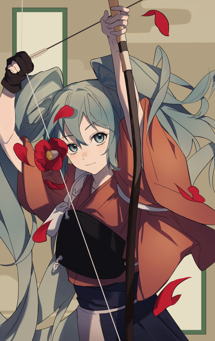 1girl absurdres archery arms_up arrow_(projectile) black_hakama bow_(weapon) brown_background calligraphy_scroll camellia chinese_commentary closed_mouth commentary_request cowboy_shot drawing_bow dutch_angle efenberg egasumi expressionless floating_hair flower gloves grey_eyes grey_hair hakama hatsune_miku highres holding holding_bow_(weapon) holding_weapon japanese_clothes kimono kyuudou long_hair looking_at_viewer mani_mani_(vocaloid) muneate orange_kimono partially_fingerless_gloves petals red_flower solo tasuki twintails very_long_hair vocaloid weapon wide_sleeves yugake