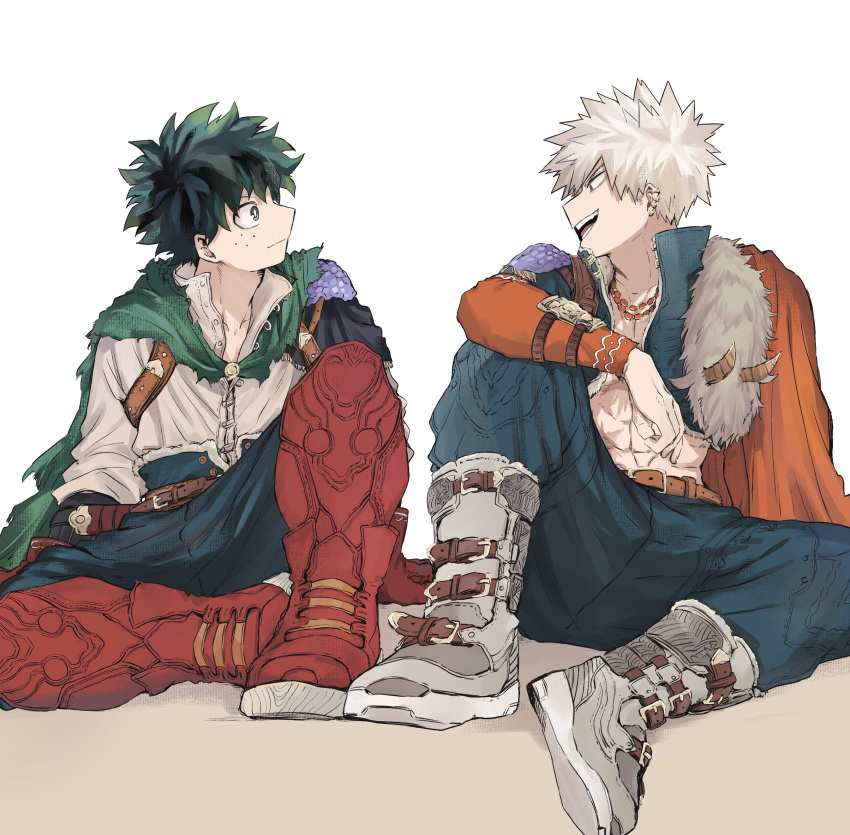 2boys 2nd_popularity_poll_(boku_no_hero_academia) absurdres alternate_hair_color arm_on_knee arm_rest bakugou_katsuki belt belt_boots belt_buckle blue_jacket blue_pants boku_no_hero_academia boots bright_pupils brown_belt buckle cape check_clothing closed_mouth clothing_request cropped_jacket ear_piercing earrings eye_contact freckles full_body fur-trimmed_jacket fur-trimmed_pants fur_(clothing) fur_shawl fur_trim gloves green_cape green_eyes green_hair grey_footwear grey_hair grey_shirt hand_on_floor hand_on_ground hand_up hands_on_floor hands_on_ground high-waist_pants highres jacket jewelry knee_boots knee_up looking_at_another midoriya_izuku multiple_boys multiple_necklaces multiple_piercings necklace no_shirt official_alternate_costume on_floor on_ground open_collar open_mouth orange_cape orange_sleeves pac-man_eyes pants piercing profile red_eyes red_footwear red_gloves scar scar_on_chest shawl shirt short_hair side-by-side single_shoulder_pad sitting smile spiked_hair tanuki_happa torn_cape torn_clothes turning_head white_background white_pupils yellow_brooch