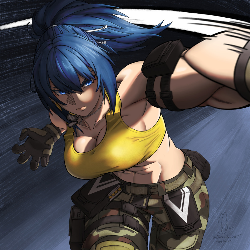 1girl abs absurdres armlet belt blue_eyes blue_hair breasts c.cha_(0kamiheart) camouflage camouflage_pants clenched_hand dog_tags gloves hairband highres leona_heidern muscular muscular_female pants ponytail signature sleeveless soldier solo tank_top the_king_of_fighters the_king_of_fighters_xiv twisted_torso yellow_tank_top