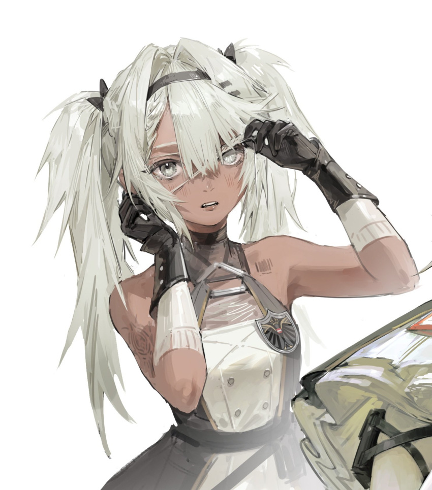 1girl barcode barcode_tattoo bare_shoulders black_gloves dark-skinned_female dark_skin dress eyepatch girls'_frontline gloves hair_between_eyes hairband heterochromia highres hs.50_(girls'_frontline) looking_at_viewer sawamaharu sleeveless sleeveless_dress solo tattoo twintails upper_body white_background white_hair