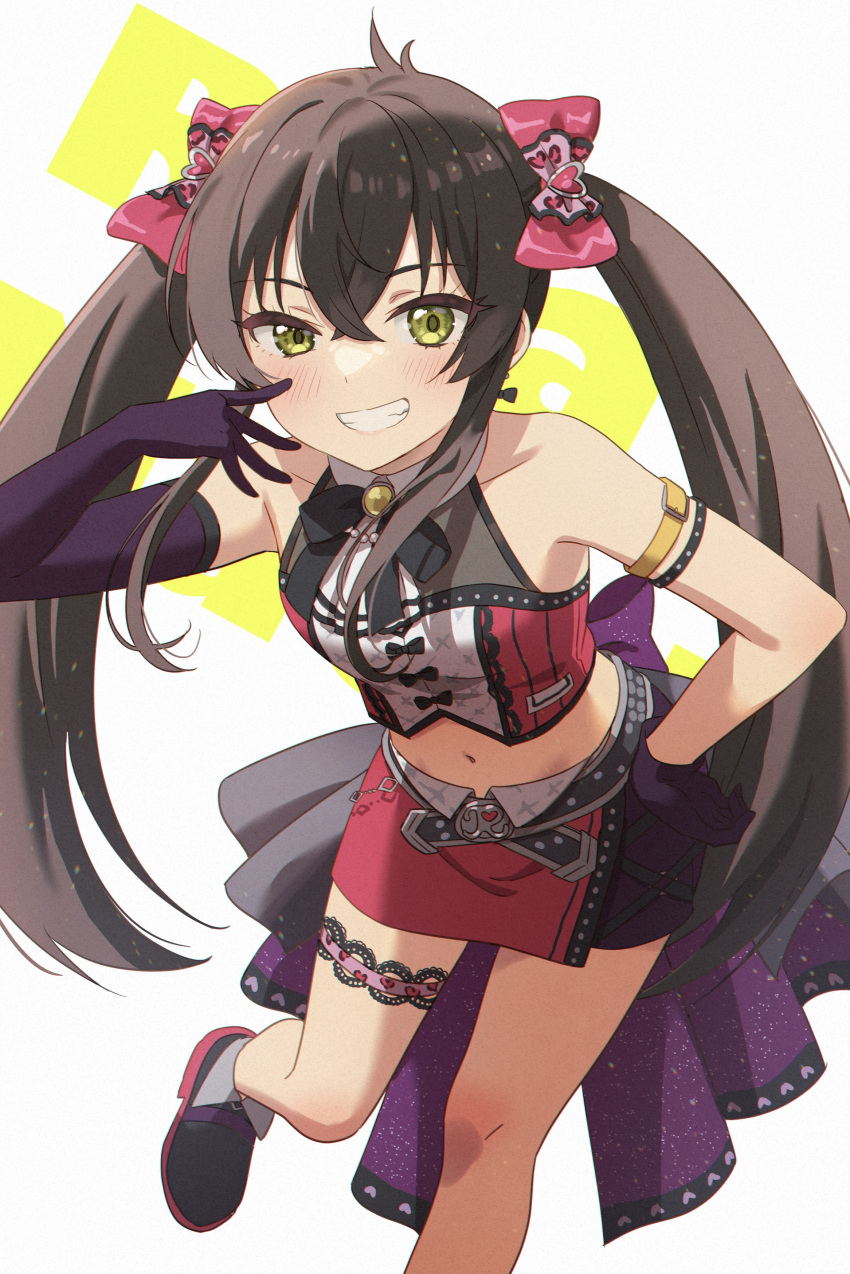 1girl absurdres armband asymmetrical_gloves bare_shoulders black_hair blush breasts brooch character_name collarbone crop_top dot_nose emu_(emum) gem gloves grin hair_between_eyes hair_ornament hair_ribbon hand_on_own_hip heart heart_hair_ornament highres idolmaster idolmaster_cinderella_girls idolmaster_cinderella_girls_starlight_stage idolmaster_cinderella_girls_u149 jewelry leaning_forward loafers long_hair looking_at_viewer matoba_risa midriff miniskirt navel neck_ribbon open_mouth overskirt pearl_(gemstone) purple_gloves red_ribbon ribbon shoes skirt small_breasts smile solo standing standing_on_one_leg text_background thigh_strap twintails uneven_gloves white_background yellow_eyes