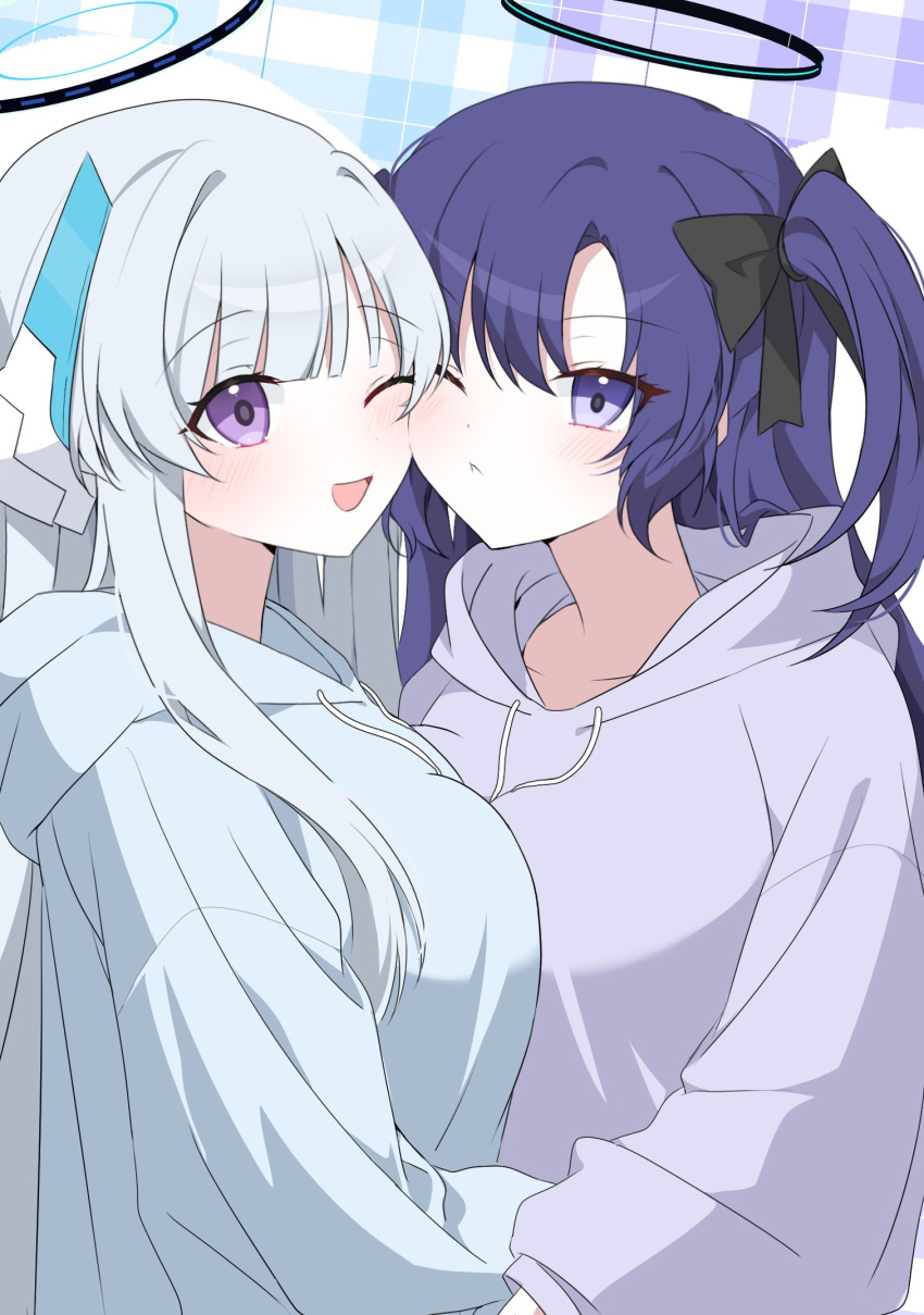 2girls blue_archive blue_hoodie blush breasts grey_hair halo highres hood hoodie large_breasts long_hair long_sleeves mechanical_halo multiple_girls noa_(blue_archive) one_eye_closed open_mouth purple_eyes purple_hair purple_hoodie seno_(senohime) smile yuuka_(blue_archive)