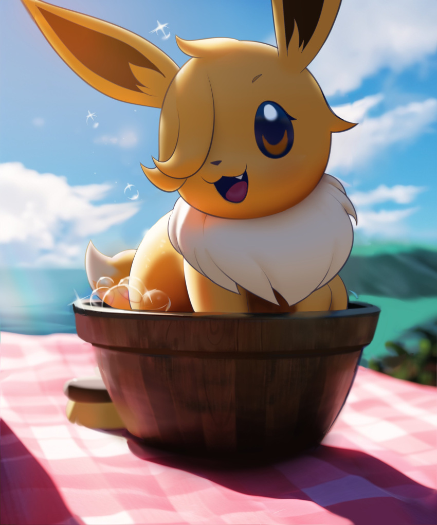 absurd_res ambiguous_gender bath blannket bubble bucket cloud container eevee feral generation_1_pokemon hi_res inkune light looking_at_viewer nintendo one_eye_obstructed open_mouth outside pokemon pokemon_(species) sky smile soap solo sunlight teeth