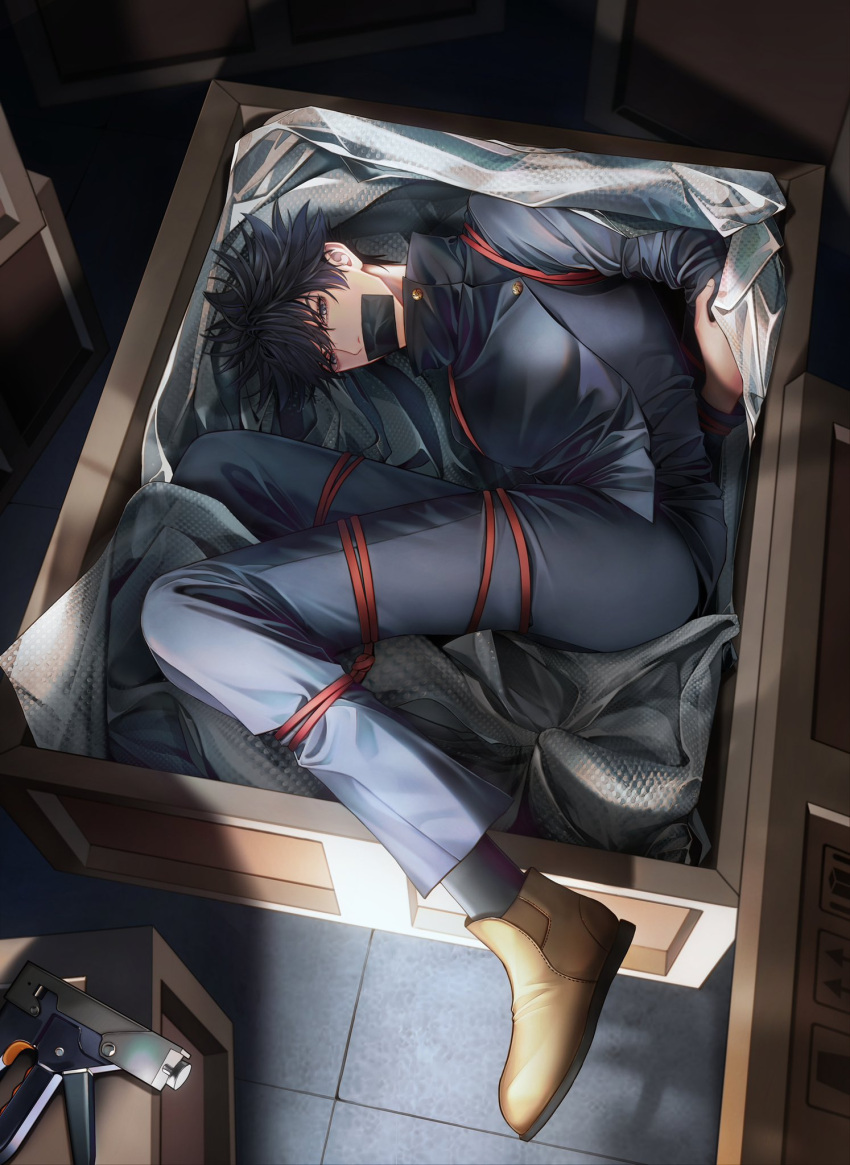 1boy arms_behind_back bdsm black_hair black_jacket black_pants blue_eyes bondage bound bound_arms bound_legs box buttons fushiguro_megumi gag gagged hair_between_eyes high_collar highres improvised_gag in_box in_container jacket jujutsu_kaisen long_sleeves male_focus pants school_uniform shibari shibari_over_clothes shoes short_hair solo spiked_hair tape tape_gag zhhy3324