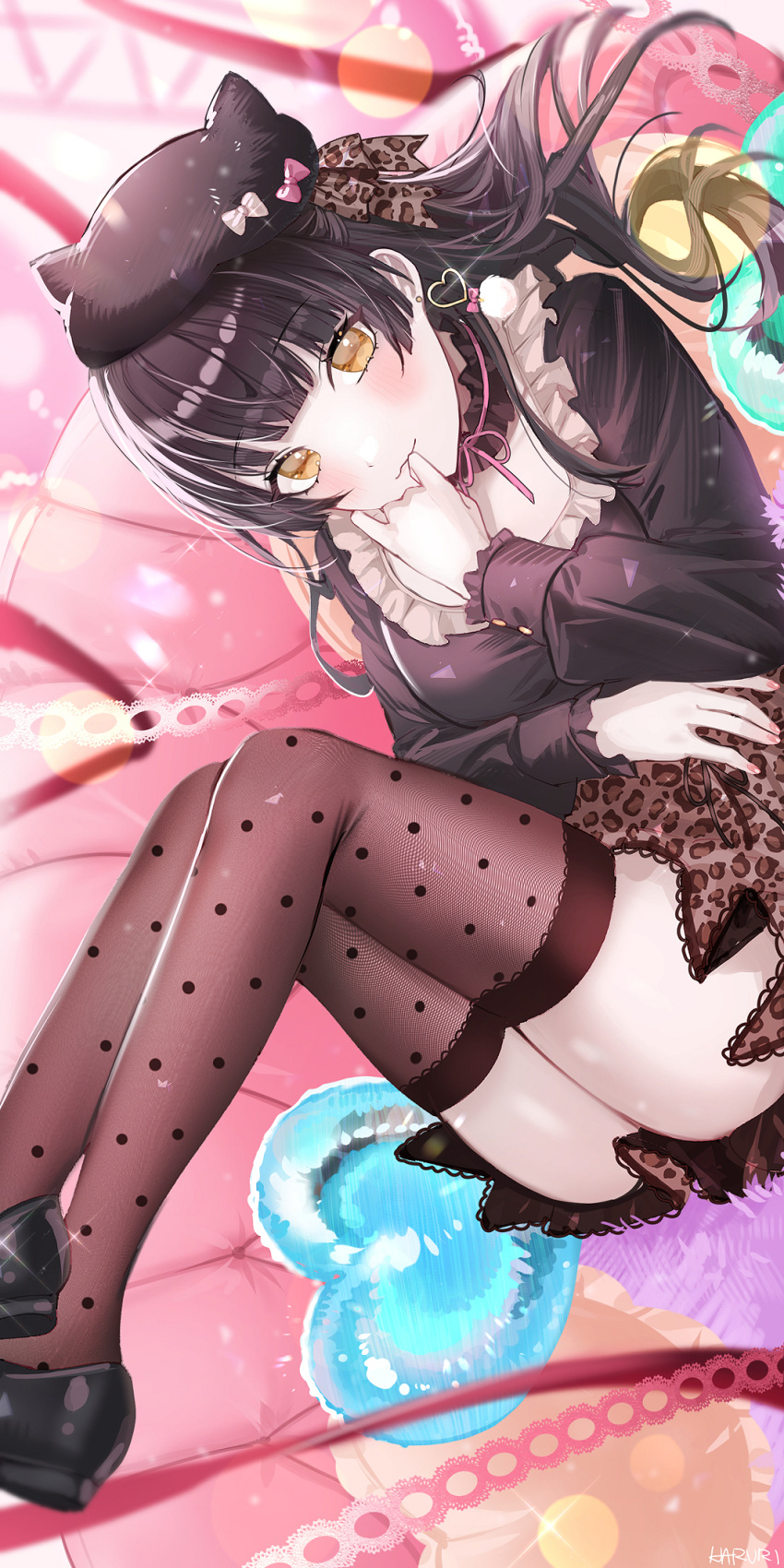 1girl animal_print ass balloon black_hair black_headwear black_shirt black_thighhighs blush breasts choker content_rating fake_horns frilled_choker frills haruri heart_balloon highres horned_headwear horns idolmaster idolmaster_shiny_colors legs_up leopard_print long_sleeves lying mayuzumi_fuyuko medium_breasts on_back polka_dot_thighhighs shirt smile solo thighhighs yellow_eyes