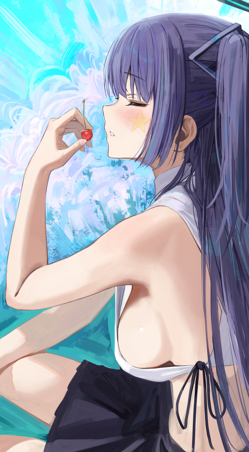 1girl absurdres alternate_costume armpits bare_arms bare_shoulders black_skirt blue_archive breasts cherry closed_eyes crop_top facial_mark food from_side fruit hair_ornament halo hand_up hidulume highres holding holding_food holding_fruit midriff miniskirt no_bra one_side_up open_mouth pleated_skirt profile shirt side-tie_shirt sideboob skirt sleeveless sleeveless_shirt solo star_(symbol) white_shirt yuuka_(blue_archive)