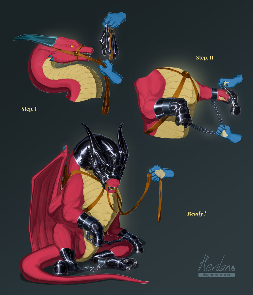bound bridle chain chained clothing dragon ericherilan gag gloves handwear harness herilan hi_res hooves latex_gloves leash leash_pull male multiple_angles multiple_poses petplay ponyplay pose red_body red_scales reins ring_gag roleplay saddle scales scalie solo yellow_body yellow_eyes yellow_scales