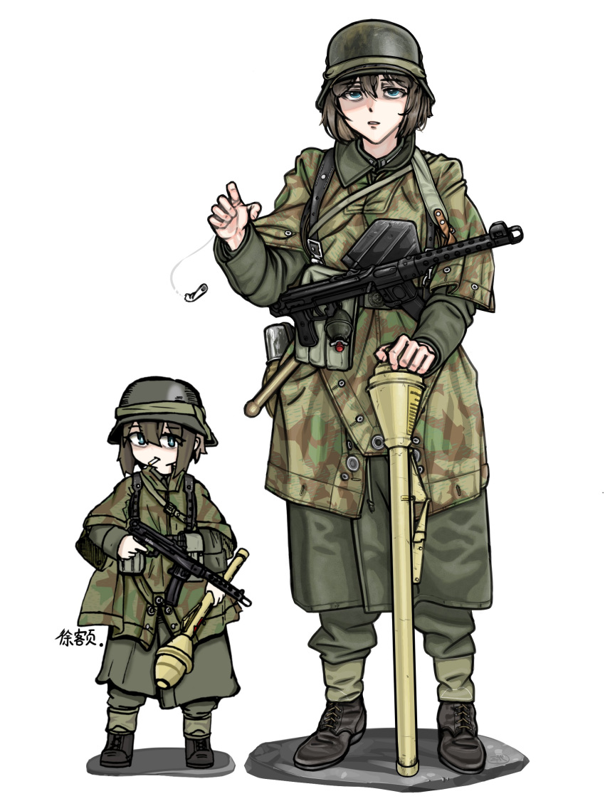 2girls absurdres age_difference blue_eyes brown_hair camouflage camouflage_jacket chibi cigarette combat_helmet green_headwear green_jacket green_pants gun helmet highres jacket military_uniform multiple_girls original pants panzerfaust pps-43 smoking stahlhelm submachine_gun uniform weapon wehrmacht white_background woodland_camouflage x9273538088516