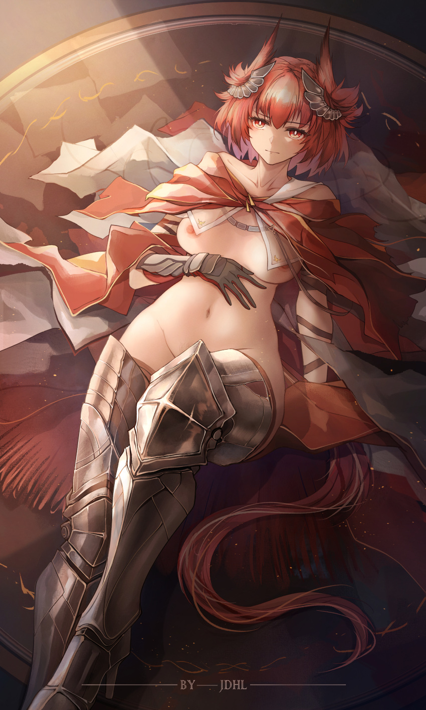 1girl absurdres arknights armor black_gloves breasts feather_hair_ornament feathers fiammetta_(arknights) fiammetta_(divine_oath)_(arknights) gloves hair_ornament highres jueduihuoli looking_at_viewer pubic_hair red_eyes red_hair thighs