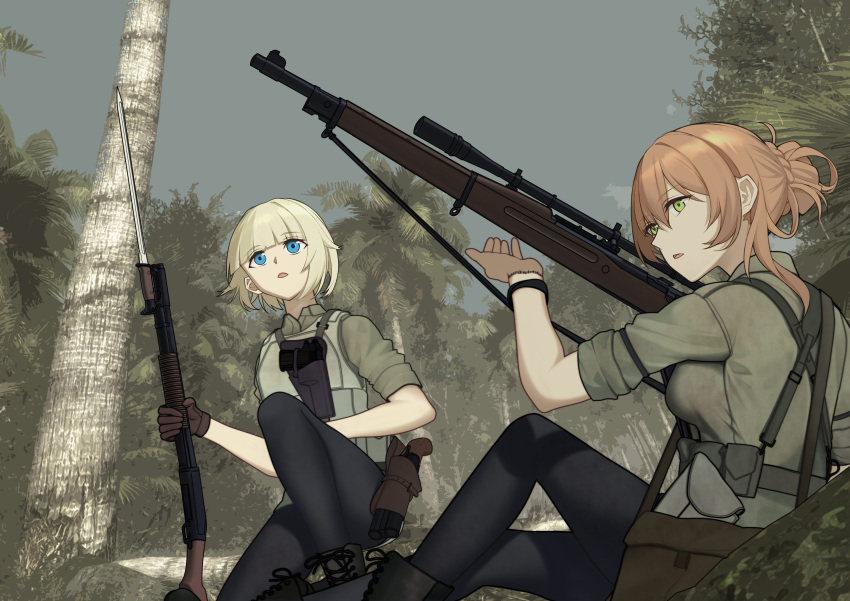 2girls absurdres blonde_hair blue_eyes bolt_action breasts brown_gloves brown_hair call_of_duty:_world_at_war day forest girls'_frontline gloves green_eyes green_shirt gun hair_between_eyes hair_bun highres holding holding_gun holding_weapon large_breasts long_hair m1897_(girls'_frontline) m1903_springfield macayase military military_uniform multiple_girls nature open_mouth outdoors palm_tree pump_action rifle scope shirt short_hair short_sleeves shotgun springfield_(girls'_frontline) tree uniform weapon winchester_model_1897