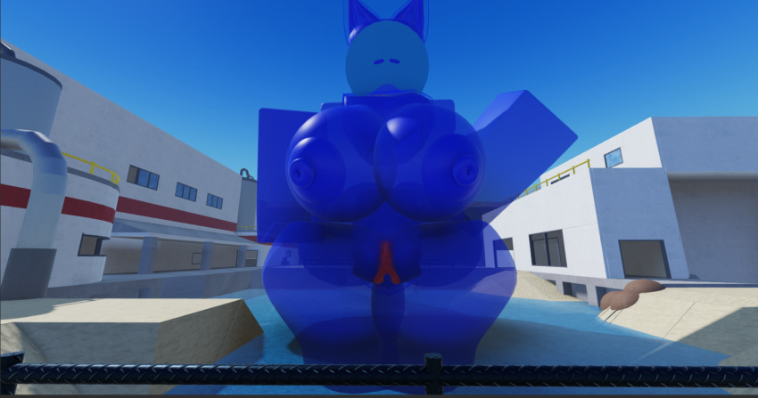 blue_slime female gemmale genitals goo_creature hi_res kaiju_paradise macro mask pussy roblox slime tail thick_tail thick_thighs translucent translucent_body wide_hips