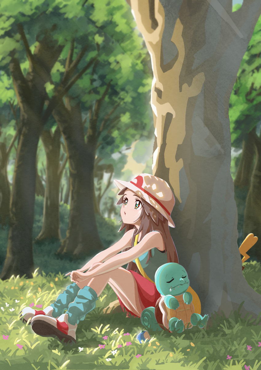 1girl absurdres brown_hair closed_mouth commentary_request day eyelashes flower forest from_side grass green_shirt hat highres keeno-ringo46 leaf_(pokemon) long_hair loose_socks nature outdoors pikachu pokemon pokemon_(creature) pokemon_(game) pokemon_frlg red_skirt shirt shoes sitting skirt sleeveless sleeveless_shirt socks squirtle strap tree white_footwear white_headwear