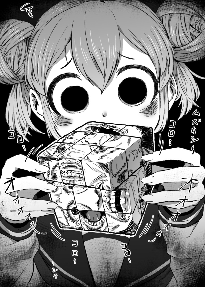 1girl 4shi bags_under_eyes black_background black_eyes confused constricted_pupils crying cube dango-chan_(4shi) dark double_bun eyelashes facing_viewer fingernails greyscale hair_between_eyes hair_bun hands_up highres holding hollow_eyes horror_(theme) lips long_sleeves looking_down looking_to_the_side medium_hair monochrome neckerchief open_mouth original pain rubik's_cube sailor_collar school_uniform scribble serafuku sidelocks simple_background solid_circle_pupils streaming_tears tears teeth tongue translation_request upper_body wide-eyed