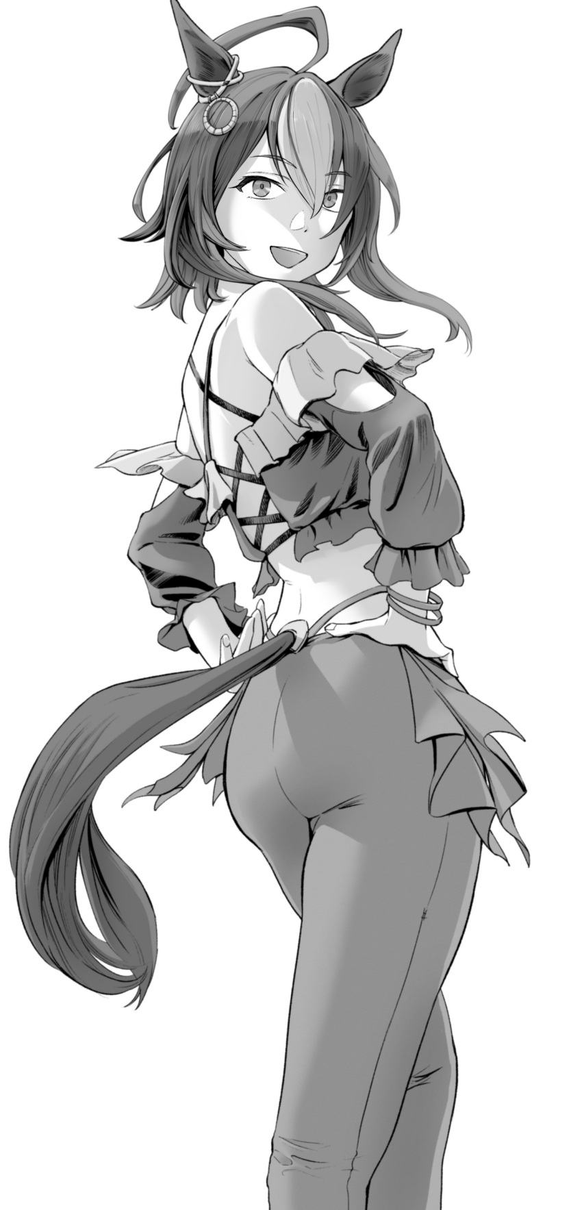 1girl absurdres ahoge animal_ears ass bracelet commentary_request crop_top darley_arabian_(umamusume) ear_ornament from_side greyscale hands_on_own_hips highleg highleg_panties highres horse_ears horse_girl horse_tail jewelry looking_at_viewer monochrome multicolored_hair off-shoulder_shirt off_shoulder open_mouth panties pants shirt smile solo tail two-tone_hair umamusume underwear uzuki_noboru_(denchuu_shoujo)