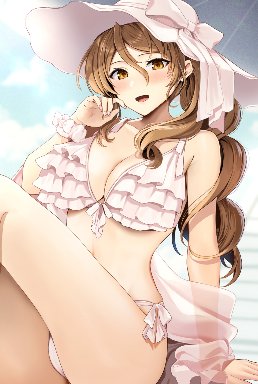 1girl aquila_(kancolle) bikini blush breasts brown_eyes brown_hair cleavage frilled_bikini frills front-tie_bikini_top front-tie_top hat highres kantai_collection large_breasts looking_at_viewer navel outdoors pink_bikini ponytail scrunchie side-tie_bikini_bottom smile solo sun_hat swimsuit upper_body wrist_scrunchie yunamaro