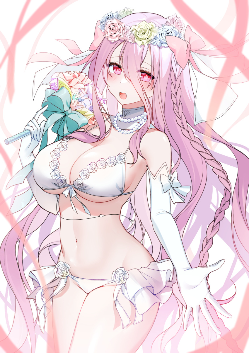 1girl absurdres bare_shoulders bikini bouquet braid breasts cleavage commission cowboy_shot date_a_live elbow_gloves flower gloves hair_between_eyes hair_flower hair_ornament highres jewelry large_breasts long_bangs long_hair looking_at_viewer manya_drhr navel necklace pearl_necklace pink_eyes pink_hair pixiv_commission reaching reaching_towards_viewer side_braid simple_background smile solo sonogami_rinne swimsuit white_gloves