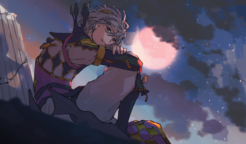 1boy arms_on_knees boots fire_emblem fire_emblem_engage hair_ornament high_collar highres long_sleeves looking_at_viewer moon night night_sky nil_(fire_emblem) red_eyes saneyoshiii7 short_hair sitting sky smile solo white_hair