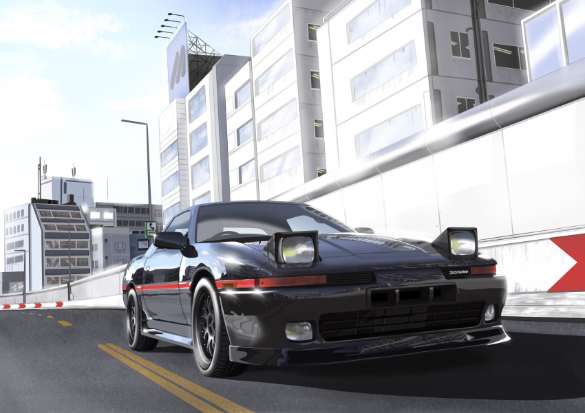 car cloud commission english_commentary highres motor_vehicle no_humans original real_world_location reflection sei_illustrations shadow sky sports_car tokyo_(city) toyota toyota_supra toyota_supra_mk_iii vehicle_focus