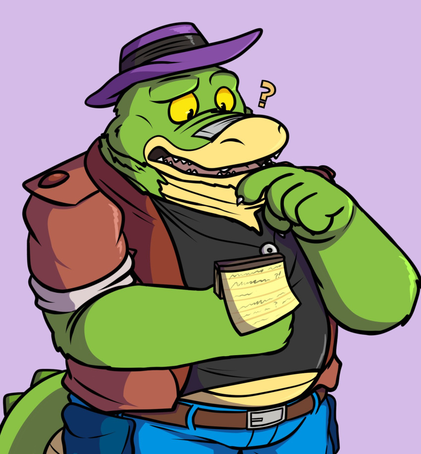 2023 5_fingers alligator alligatorid anthro bottomwear brok_(character) brok_the_investigator clothing crocodilian fingers green_body hat headgear headwear hi_res male overweight overweight_male pants question_mark reptile scalie shirt simple_background solo topwear zero_lobo