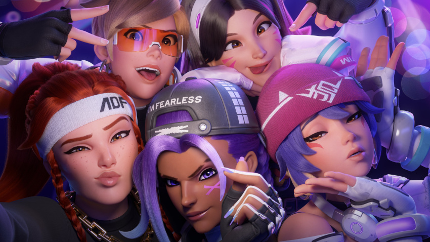 :p absurdres brigitte_(overwatch) brown_eyes brown_hair cross-eyed d.va_(overwatch) dark-skinned_female dark_skin facial_mark freckles goggles hair_pulled_back hat highres kiriko_(overwatch) lips long_hair makeup mascara multiple_girls official_alternate_costume official_alternate_hair_color official_alternate_hairstyle official_art open_mouth overwatch overwatch_2 ponytail puckered_lips selfie short_hair sidelocks smile sombra_(overwatch) spiked_hair teeth tongue tongue_out tracer_(overwatch) upper_teeth_only