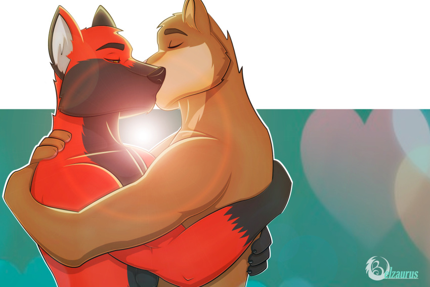 anthro arms_around_partner belzaurus_(artist) blaze_wolf canid canine canis domestic_cat duo eyes_closed felid feline felis hi_res jesse_cat kissing loving_embrace male male/male mammal romantic romantic_ambiance wolf