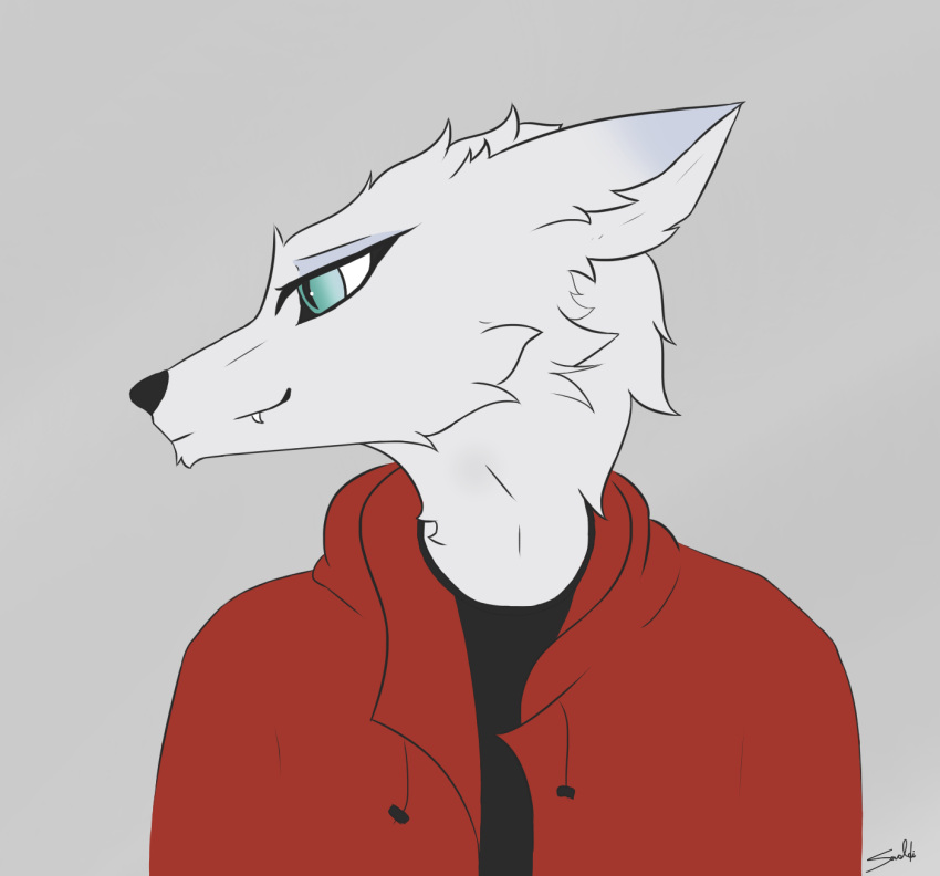 anthro arctic_fox blue_body canid canine canis clothed clothing fox fur green_eyes hi_res male mammal savo simple_background smile solo sweatshirt white_body white_fur