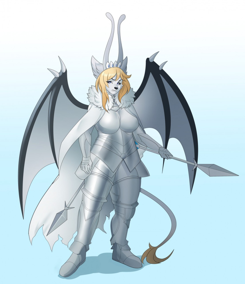 anthro armor azmia_ryial biped blue_eyes breasts cape clothing digital_media_(artwork) eyebrows eyelashes female full-length_portrait fur gradient_background hi_res holding_object holding_spear holding_weapon mammal melee_weapon membrane_(anatomy) membranous_wings polearm portrait shaded simple_background solo spear spikes spikes_(anatomy) standing tail tail_tuft tuft weapon white_body white_fur wing_spikes wings wolfbane154