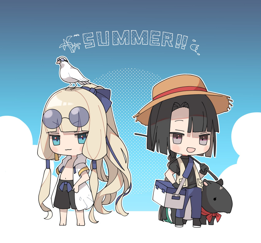 2boys :d absurdres alternate_costume animal_on_head barefoot bird bird_on_head black_hair black_shirt black_shorts blonde_hair blue-tinted_eyewear blue_bow blue_eyes blue_pants blunt_bangs blush bow braid brown_headwear chibi chikuwa_(cccccchhhhhhii) closed_mouth coat cooler drawstring english_text eyewear_on_head fate/grand_order fate/grand_order_arcade fate_(series) fishing_rod grey_eyes hair_bow hand_on_own_hip hat highres holding holding_fishing_rod hooded_coat long_hair low_tied_sidelocks male_focus multiple_boys noah_(fate) on_head open_clothes open_coat open_mouth pants ponytail seagull shirt short_sleeves shorts smile sun_hat sunglasses tai_gong_wang_(fate) tapir tinted_eyewear very_long_hair vest white_coat