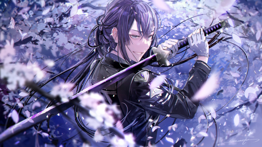 1boy black_jacket blue_background blue_eyes blunt_ends blurry cherry_blossoms depth_of_field double-parted_bangs falling_petals flower from_side gloves grin hair_between_eyes highres holding holding_sword holding_weapon jacket katana long_hair long_sleeves looking_at_viewer looking_to_the_side male_focus nagao_kei nijisanji petals pink_flower ponponpananda ponytail purple_hair signature smile solo sword upper_body virtual_youtuber weapon white_gloves