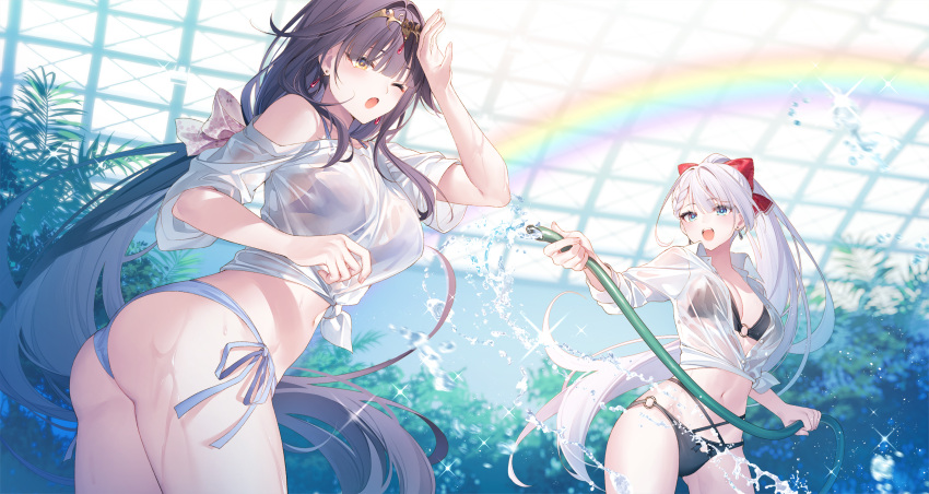 2girls arm_up ass bare_shoulders bikini black_bikini black_hair blue_eyes blunt_bangs bow braid breasts chestnut_mouth cleavage earrings gem hair_bow hand_up highres jewelry long_hair long_sleeves looking_at_another multiple_girls navel off_shoulder official_art one_eye_closed open_mouth rainbow red_bow red_gemstone riselia_ray_crystalia roselia_ishtaris see-through seiken_gakuin_no_maken_tsukai smile stomach swimsuit teeth tiara toosaka_asagi upper_teeth_only water wet wet_clothes white_hair yellow_eyes