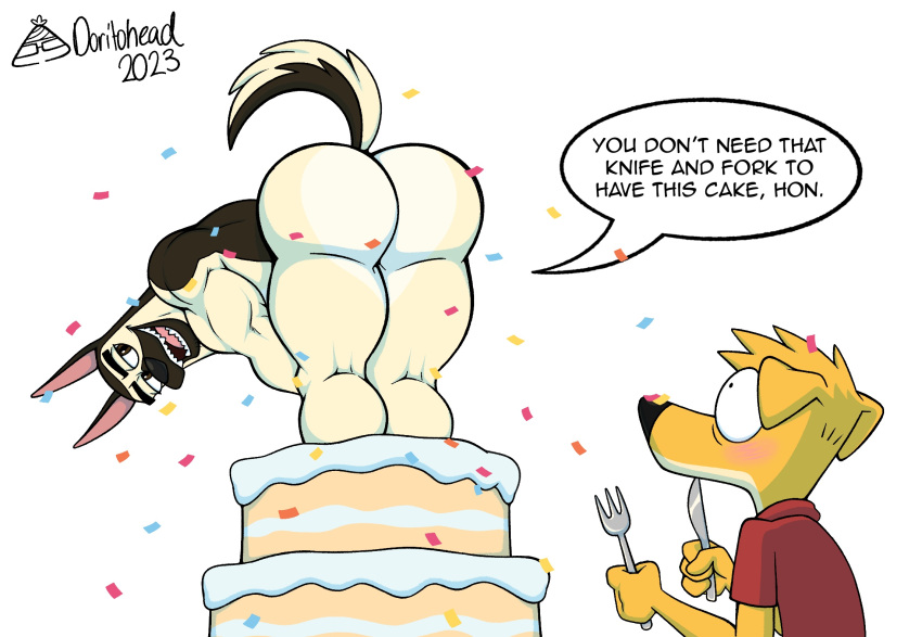 2023 anthro artist_name bent_over biceps big_butt birthday birthday_cake blush brown_body brown_fur bubble_butt butt cake canid canine canis confetti corgidor cutlery dessert dialogue digital_drawing_(artwork) digital_media_(artwork) domestic_dog doritohead duo english_text fluffy fluffy_tail food fork fur german_shepherd herding_dog hi_res kaine_lewis kitchen_utensils knife leaning leaning_forward looking_back male mammal mixed_breed multicolored_body multicolored_fur muscular muscular_anthro muscular_male nude open_mouth pastoral_dog sharp_teeth signature simple_background snout tail tan_body tan_fur teeth text thick_thighs tongue tools two_tone_body two_tone_fur wally_pembroke white_background