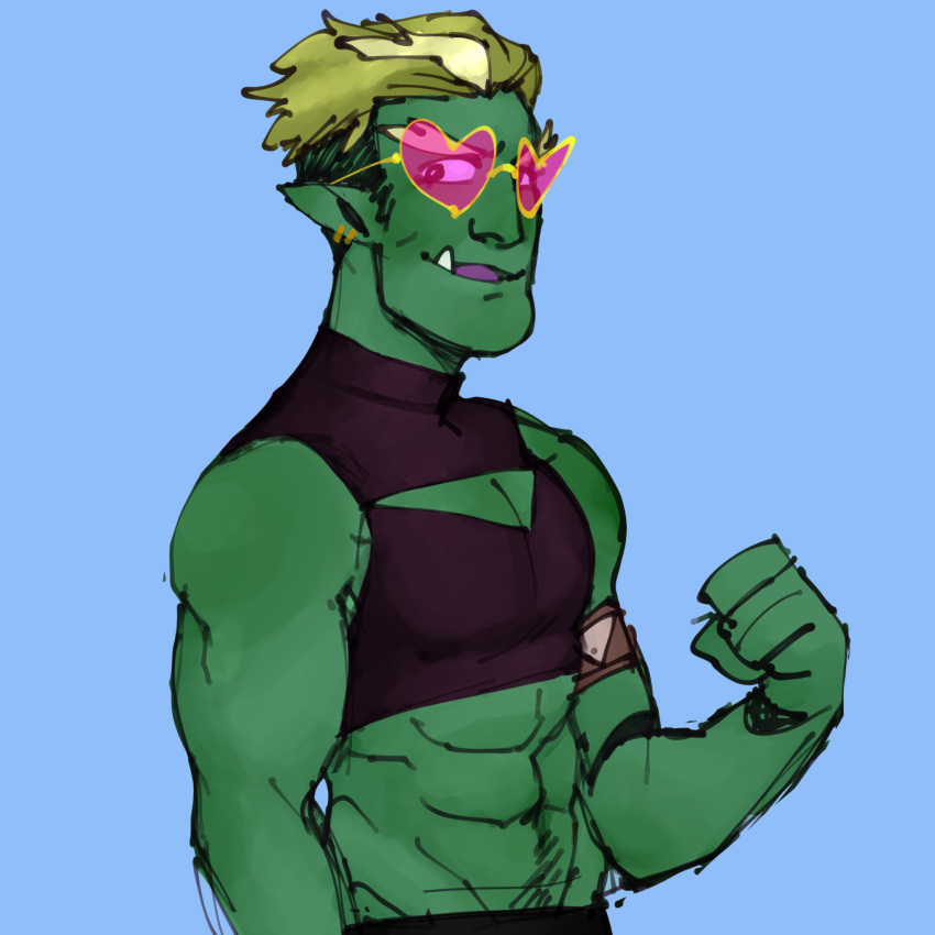 abs ambiguous_gender breasts cleavage clothed clothing crop_top drawfee_(copyright) drawtectives eyewear gleniferskydays green_body green_skin gyorik_rogdul hi_res humanoid male muscular muscular_humanoid muscular_male orc shirt solo sunglasses topwear