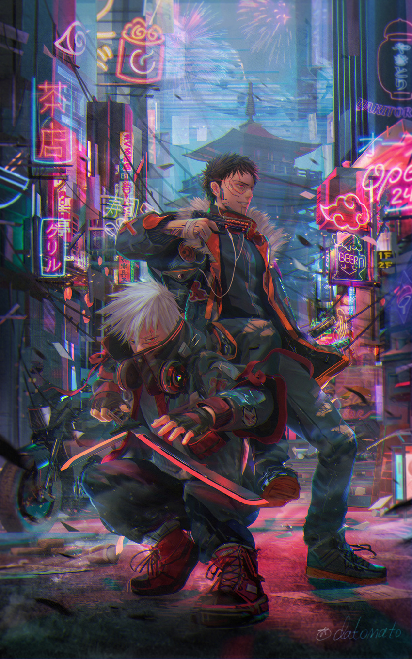 2boys akatsuki_uniform alcohol architecture arms_up artist_name beer black_gloves black_hair black_jacket city cyberpunk cyborg datomato east_asian_architecture fingerless_gloves futuristic_weapon gloves gun hatake_kakashi headphones high_collar highres holding holding_gun holding_sword holding_weapon jacket looking_ahead looking_at_viewer motor_vehicle motorcycle multiple_boys naruto naruto_(series) naruto_shippuuden neon_lights red_eyes shoes smile sneakers squatting standing sword torn_clothes uchiha_obito weapon white_hair