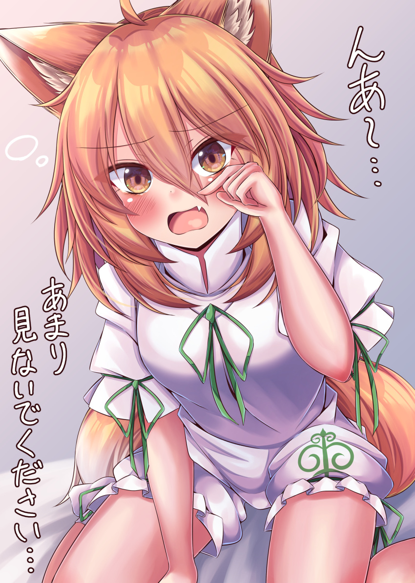 1girl ahoge animal_ears blush breasts commentary_request d: dot_nose fang fox_ears fox_girl fox_tail furrowed_brow green_ribbon grey_background hair_between_eyes highres kudamaki_tsukasa looking_at_viewer mandarin_collar medium_breasts medium_hair open_mouth orange_eyes orange_hair ribbon romper rubbing_eyes short_sleeves simple_background sitting siw0n solo tail touhou wariza white_romper