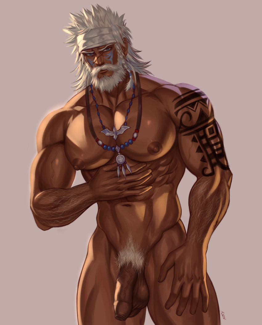 1boy abs absurdres arm_hair bara beard braid completely_nude dark-skinned_male dark_skin facial_hair facial_mark feet_out_of_frame final_fantasy final_fantasy_xiv flaccid foreskin headband highres hyur jewelry koji_henrik large_pectorals looking_at_viewer lyon_rem_helsos male_focus male_pubic_hair mature_male muscular muscular_male mustache navel necklace nipples nude old old_man pectorals pubic_hair scar scar_on_face scar_on_nose short_hair shoulder_tattoo side_braid single_braid solo standing stomach tattoo thick_thighs thighs tooth_necklace tribal white_headband