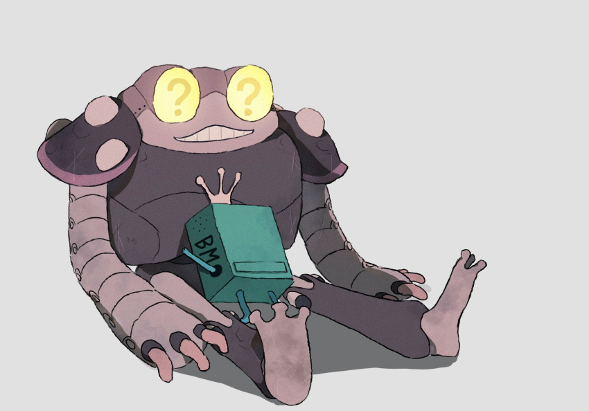 adventure_time amphibia bmo frobo full_body grey_background highres hug question_mark_in_eye robot shadow simple_background sitting size_difference yum3yum1