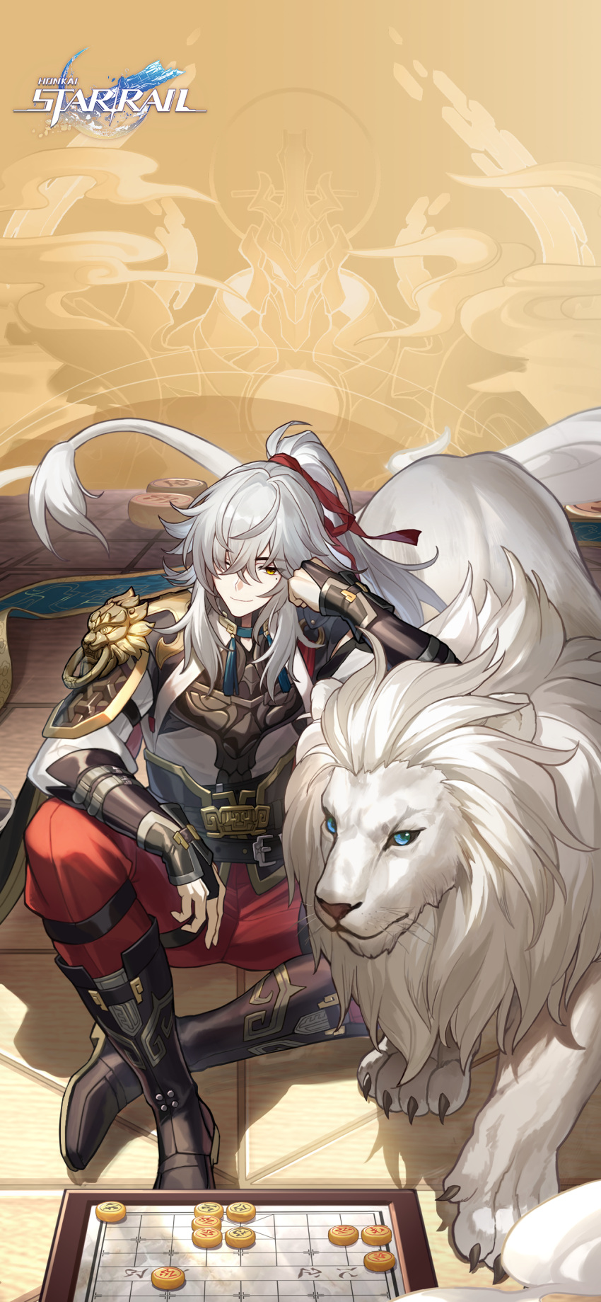 1boy absurdres animal arm_support armor black_footwear board_game chinese_clothes clenched_hand closed_mouth english_commentary hair_over_one_eye hair_ribbon high_ponytail highres honkai:_star_rail honkai_(series) jing_yuan lion long_hair long_sleeves male_focus mole mole_under_eye official_art official_wallpaper on_floor pants ponytail red_headwear red_pants red_ribbon ribbon shirt shoulder_armor simple_background sitting smile smirk solo white_hair yellow_background yellow_eyes