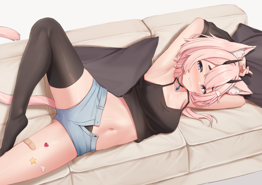 1girl armpits bandaid bandaid_on_leg black_panties black_tank_top black_thighhighs blue_eyes blue_gemstone breasts cat_tail catto_(catnaps) choker cleavage closed_mouth commission couch fang gem highres horns indie_virtual_youtuber jewelry lying medium_breasts midriff navel necklace on_couch on_side open_fly panties panty_peek pillow pink_fur pink_hair short_shorts shorts sleepypudding solo spread_legs sticker_on_leg tail tank_top thighhighs thighs unbuttoned underwear white_background