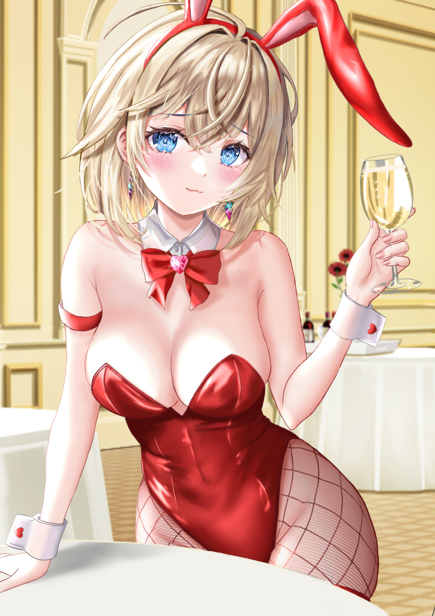 1girl animal_ears blonde_hair blue_eyes bow bowtie breasts cleavage commentary_request cup detached_collar drinking_glass fishnet_pantyhose fishnets hair_between_eyes highres leotard medium_breasts nqa22616 original pantyhose playboy_bunny rabbit_ears red_bow red_bowtie red_leotard short_hair strapless strapless_leotard table wine_glass wrist_cuffs
