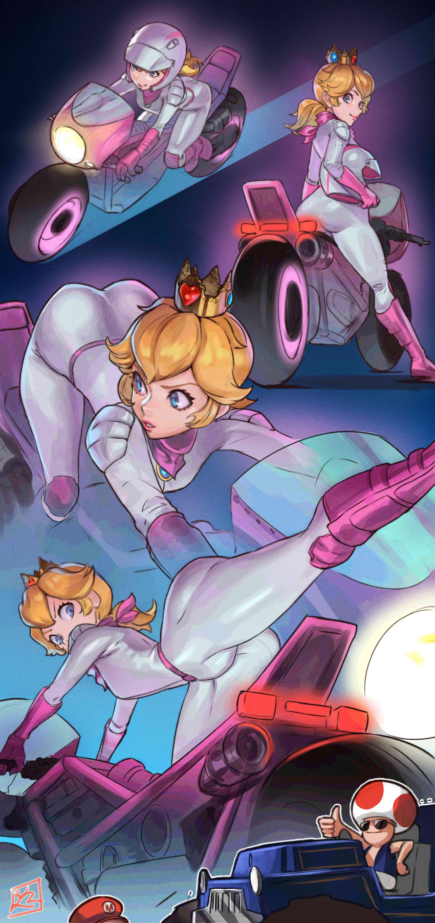 1girl 2boys absurdres ass biker_clothes biker_peach blonde_hair blue_brooch bodysuit car crown gloves head_out_of_frame headwear_removed helmet helmet_removed highres kicking kyuuakaku looking_down mario mario_(series) motor_vehicle motorcycle motorcycle_helmet multiple_boys parted_lips pink_footwear pink_gloves pink_scarf ponytail princess_peach scarf the_super_mario_bros._movie thick_thighs thighs thumbs_up toad_(mario) white_bodysuit