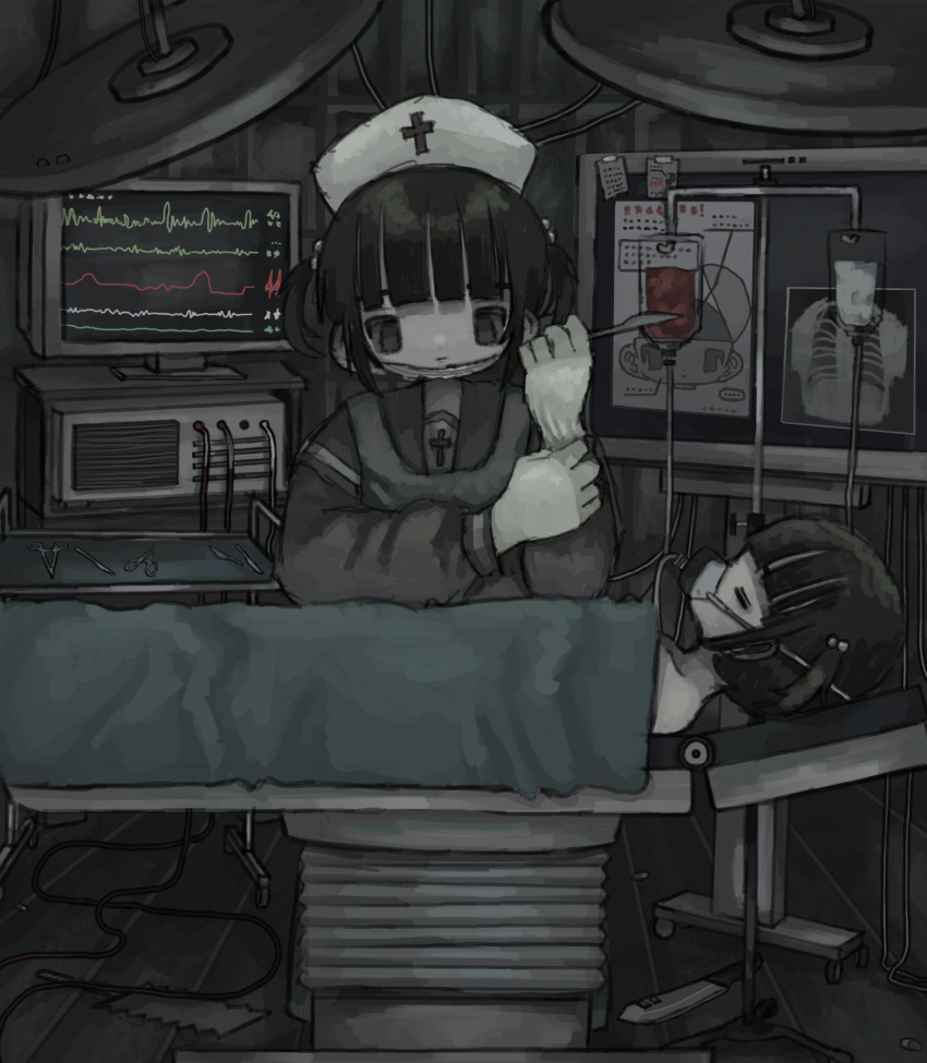2girls black_eyes black_hair black_serafuku blood blood_bag blunt_bangs cable cardiogram clone closed_eyes closed_mouth colored_skin cross cross_print expressionless glove_pull gloves grey_skin hair_bobbles hair_ornament hat highres holding_scalpel imo_(imoknol) indoors intravenous_drip iv_stand japanese_saw latin_cross long_sleeves looking_at_another looking_down lying mask mask_pull mouth_mask multiple_girls nurse_cap on_back operating_table original oxygen_mask profile school_uniform serafuku standing surgery surgical_light surgical_mask table two_side_up unconscious white_gloves x-ray_film
