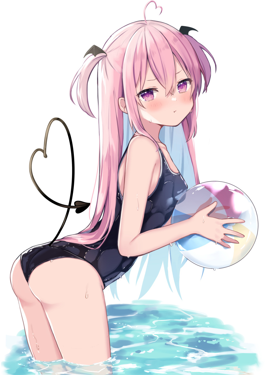 1girl absurdres ass crossed_bangs demon_girl highres looking_at_viewer okiq original pink_eyes pink_hair school_swimsuit swimsuit twintails water_balloon wet