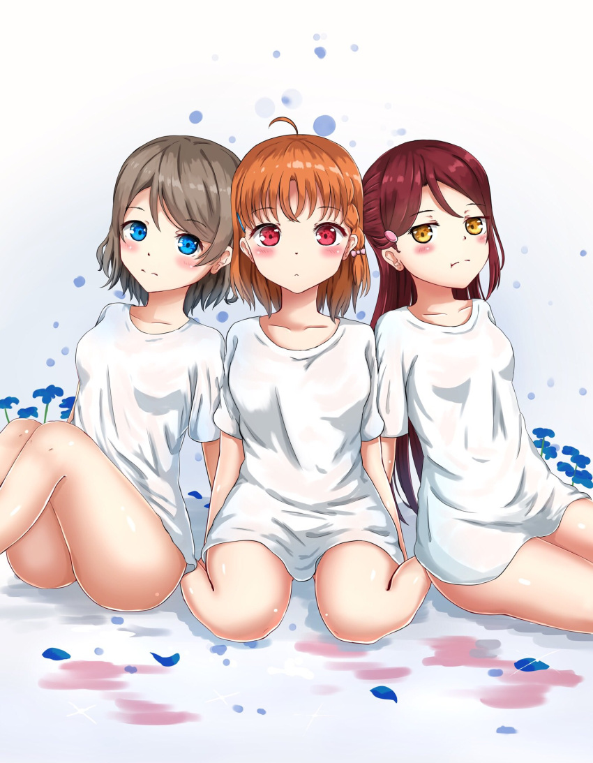 aoiao blue_eyes brown_hair commentary_request highres long_hair looking_at_viewer love_live! love_live!_sunshine!! multiple_girls orange_hair red_eyes red_hair sakurauchi_riko shirt short_hair takami_chika thighs watanabe_you white_shirt yellow_eyes