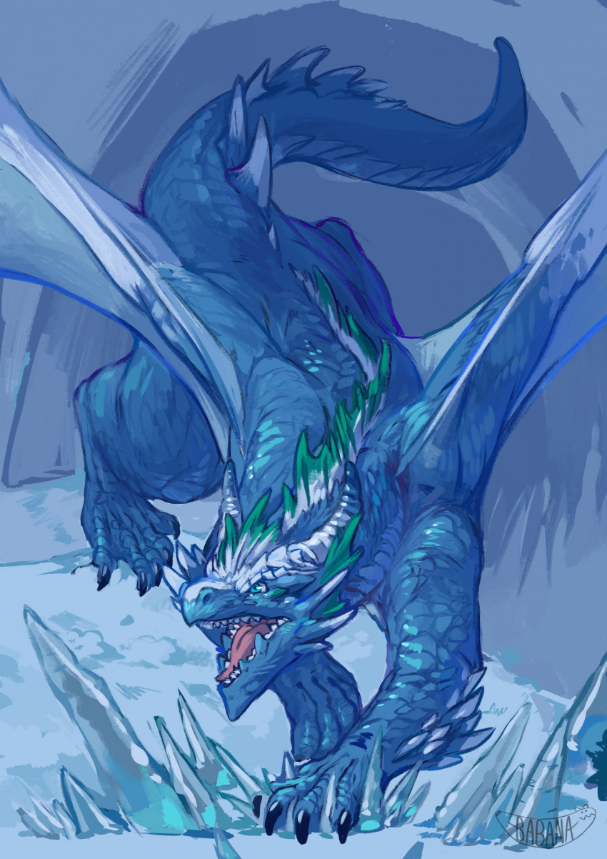 2022 babanasaur black_claws blue_body blue_eyes blue_scales cave claws digital_media_(artwork) diinfaadyah dragon facial_spikes feral frill_(anatomy) head_crest head_frill hi_res ice ice_cave looking_forward male membrane_(anatomy) membranous_wings open_mouth scales scalie signature snow solo spikes spikes_(anatomy) spread_wings tail tail_ridge teeth tongue wings
