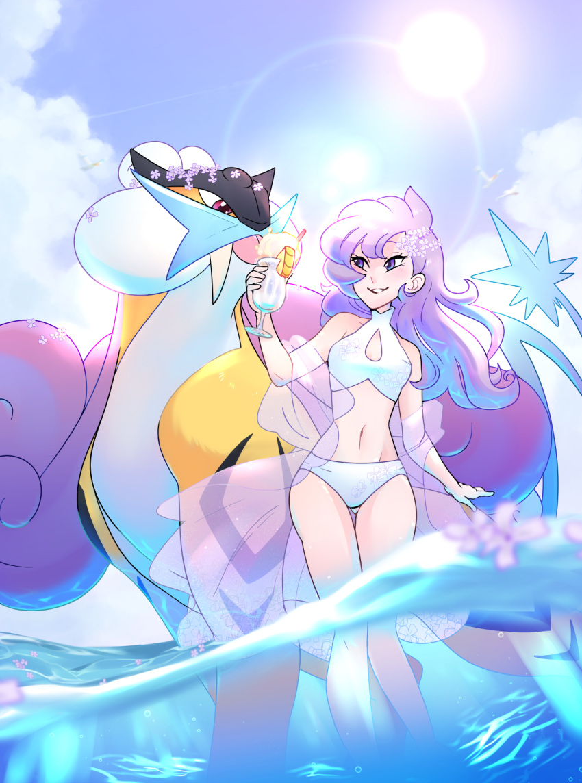 1girl alternate_costume anabel_(pokemon) bikini blue_sky cup fangs flower hair_flower hair_ornament highres holding holding_cup looking_at_another navel ocean pokemon pokemon_(creature) pokemon_(game) pokemon_sm purple_eyes purple_flower purple_hair raikou red_eyes sky smile sun swimsuit tail tongue tongue_out vergolophus wading wingull