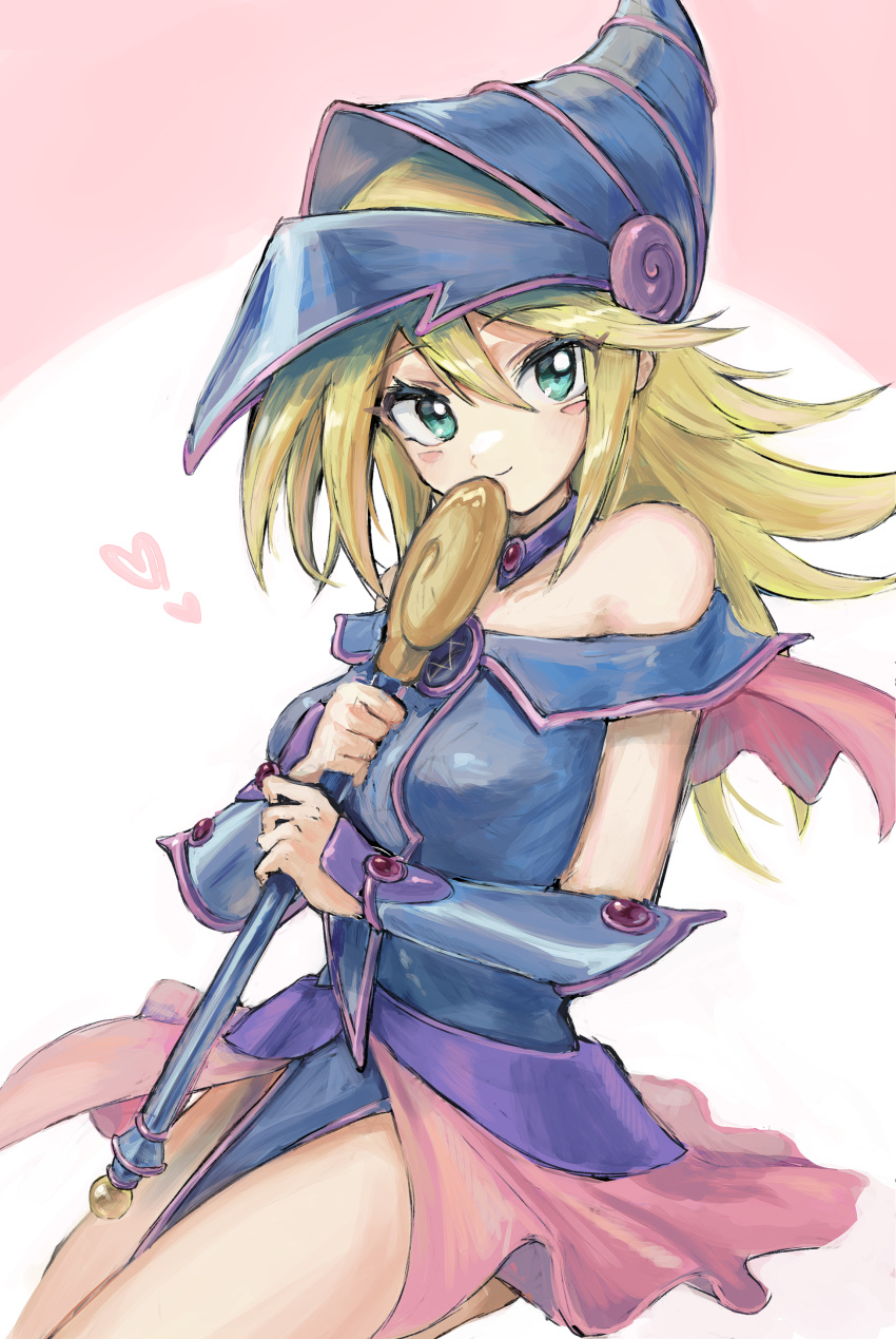 1girl absurdres aqua_eyes bare_shoulders blonde_hair blue_headwear blush_stickers breasts closed_mouth dark_magician_girl double-parted_bangs duel_monster eyes_visible_through_hair hair_between_eyes hat heart hexagram highres holding holding_scepter long_hair medium_breasts nataro_1116 scepter smile solo wizard_hat yu-gi-oh!