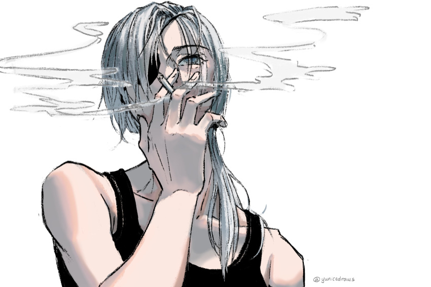 1girl black_tank_top blue_eyes chainsaw_man cigarette eyepatch grey_hair hair_over_shoulder highres holding holding_cigarette long_hair looking_at_viewer ponytail quanxi_(chainsaw_man) simple_background smoke smoking solo tank_top twitter_username white_background yunspsd