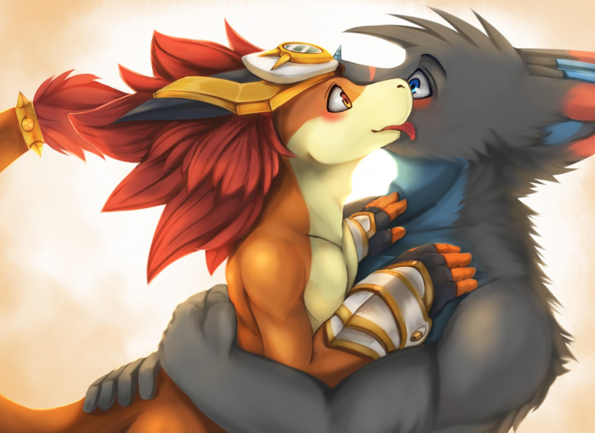 anthro blue_body blue_eyes blue_fur blue_inner_ear dipstick_ears duo embrace fur glistening glistening_eyes grey_body grey_fur hair hug kuttoyaki licking licking_another male multicolored_ears nose_spike nude orange_body orange_eyes red_hair red_tongue side_view simple_background tail tail_tuft tongue tongue_out tuft yellow_body